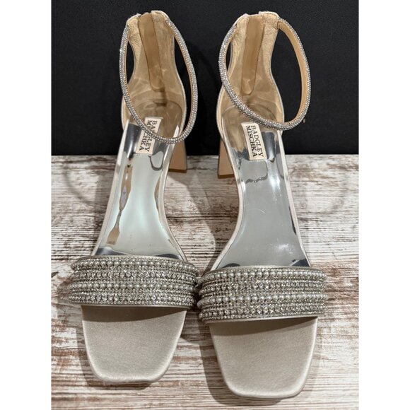 Elegant Badgley Mischka Womens Rhinestone Satin Heels With Ankle Strap & Zipper - Picture 1 of 9